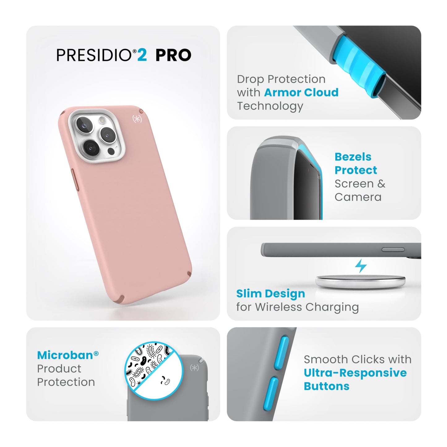 Speck iPhone 15 Pro Max Case - Drop Protection - Scratch Resistant, Soft Touch, 6.7 Inch Phone Case - Presidio2 Pro Dahlia Pink/Rose Copper/White