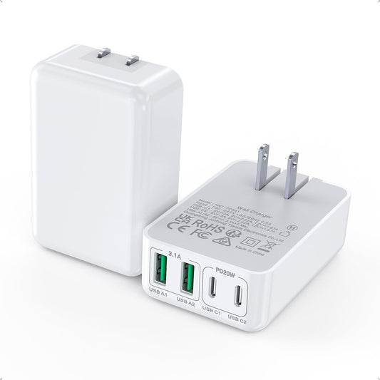 2Pack Flat USB C Wall Charger,40W 4Ports Foldable & Slim Fast Charging Block,Type C Cube Box Multiport Power Adapter Plug Brick Compatible with iPhone 16/15/14,Samsung,Pixel, AirPods4,Watch10