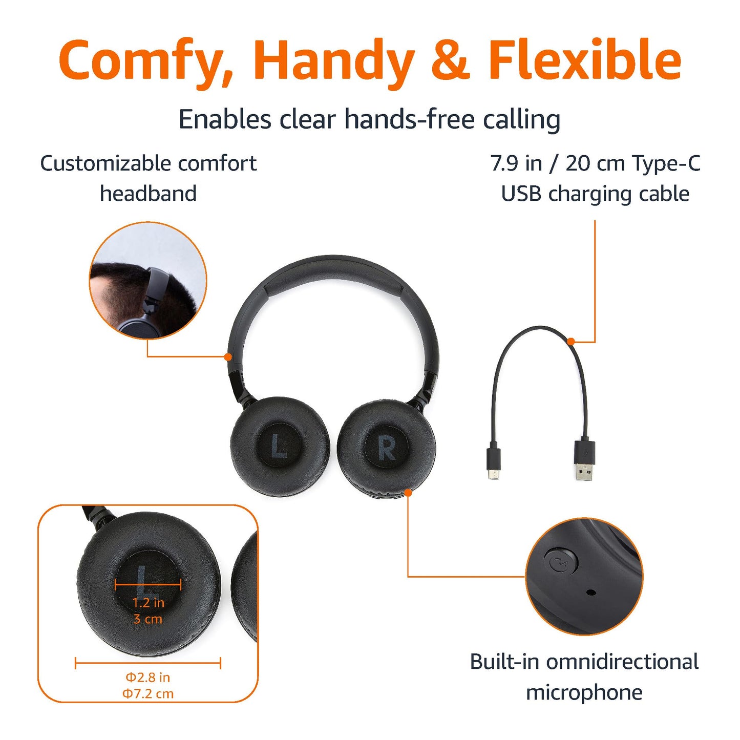 Bluetooth Headphones with Microphone, Wireless, On Ear, 35 Hour Playtime, Foldable, One Size, Black
