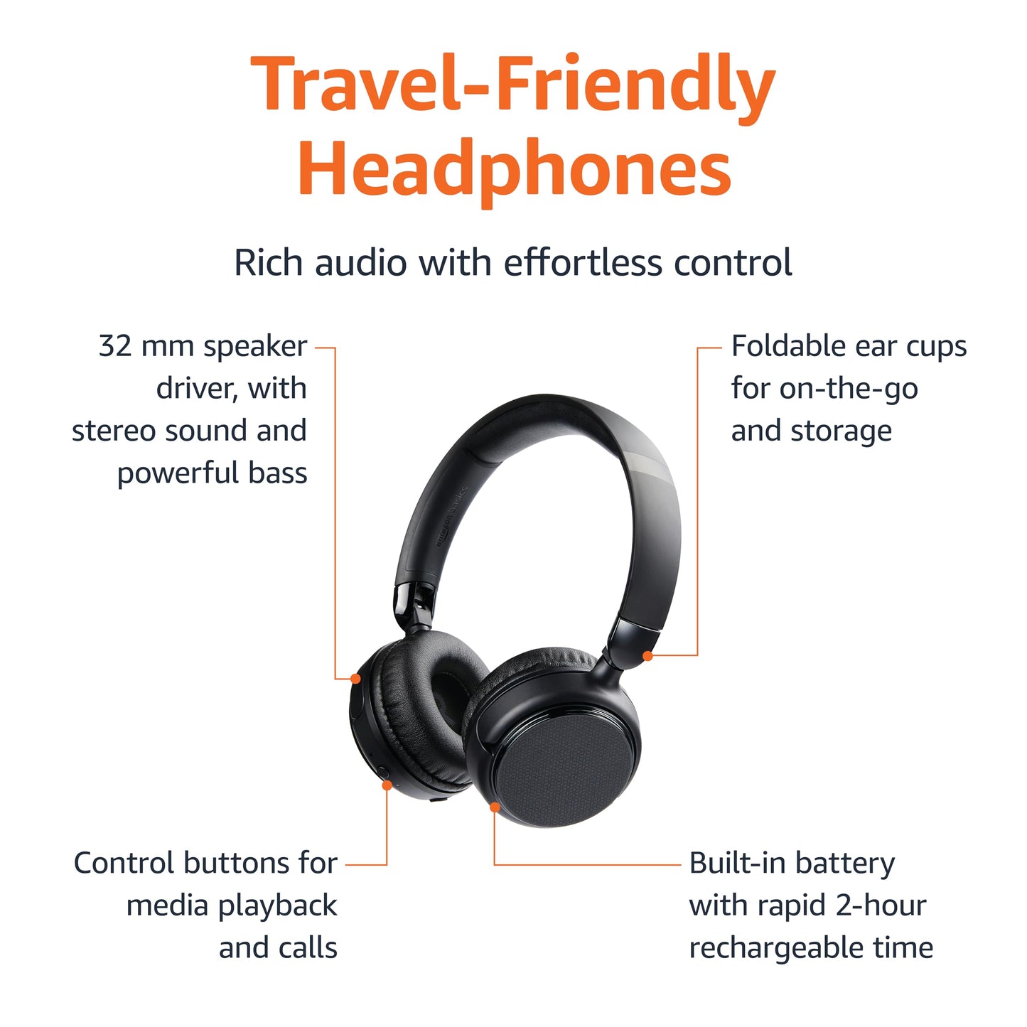 Bluetooth Headphones with Microphone, Wireless, On Ear, 35 Hour Playtime, Foldable, One Size, Black